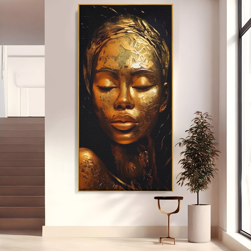 Tablou canvas cu tablou canvas cu femeie africana aurie, in rama de aluminiu auriu